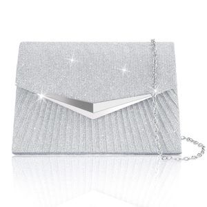 Evening Handbags, Sparkly Pleated Silver Evening Purse With Metal :<